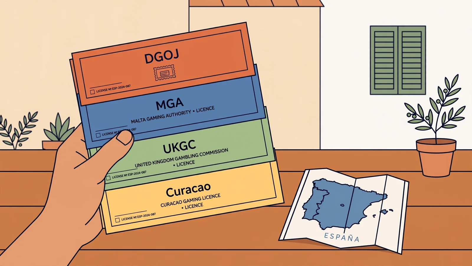 Mano sosteniendo certificados de licencias con mapa de España.