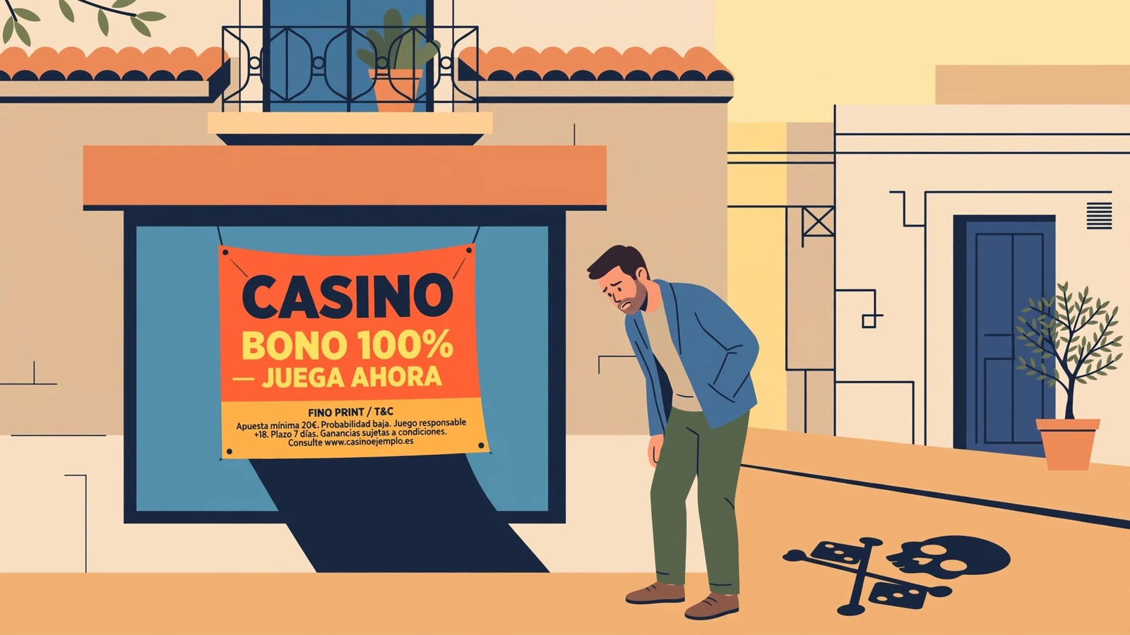 Cartel promocional de casino con persona leyendo en la calle.