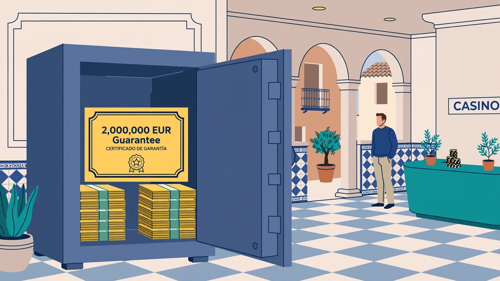 Caja fuerte con billetes y certificado de garantía de 2 millones de euros.
